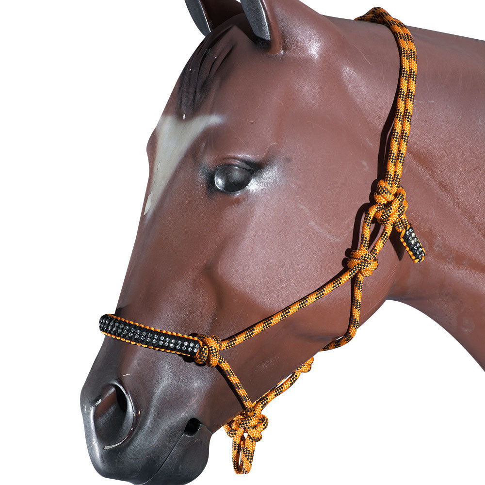 Hilason Western Horse Braided Poly Rope Crystal Accents Tack Halter -  Orange/Black