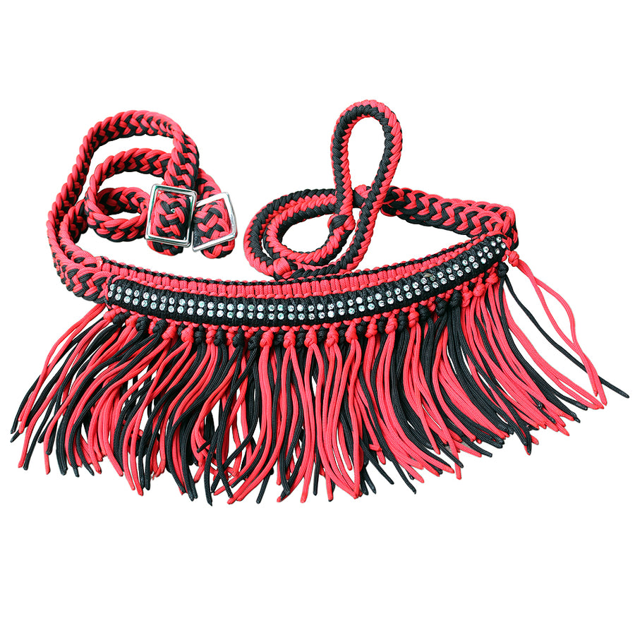Red and black nylon halter with fringe and rhinestone browband - Uhorse
