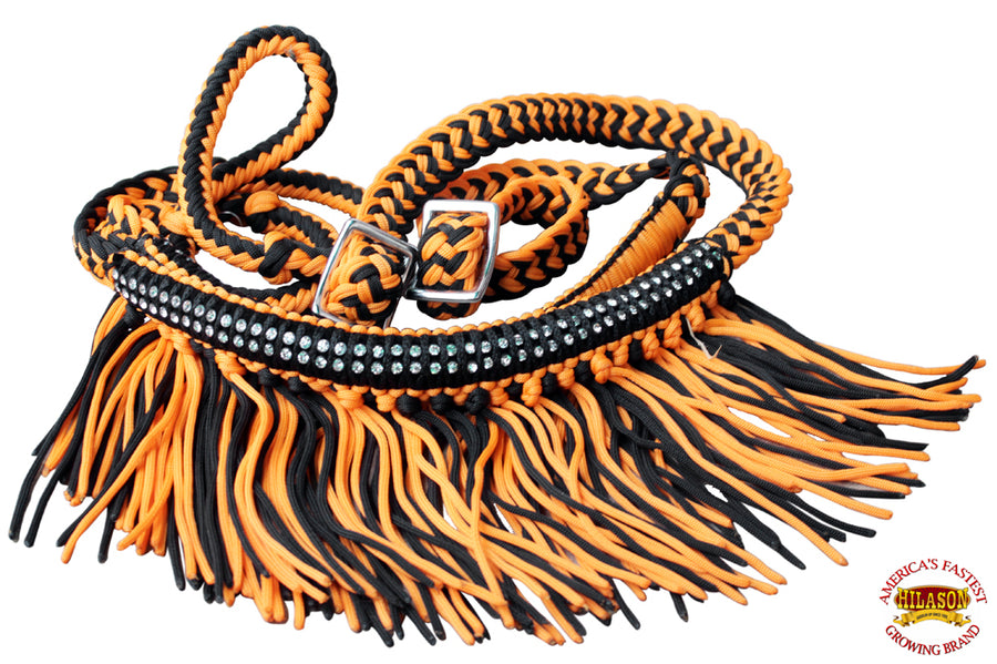 HILASON Braided Barrel Horse Racing Reins 1” x 8ft Crystal Center Band Fringes