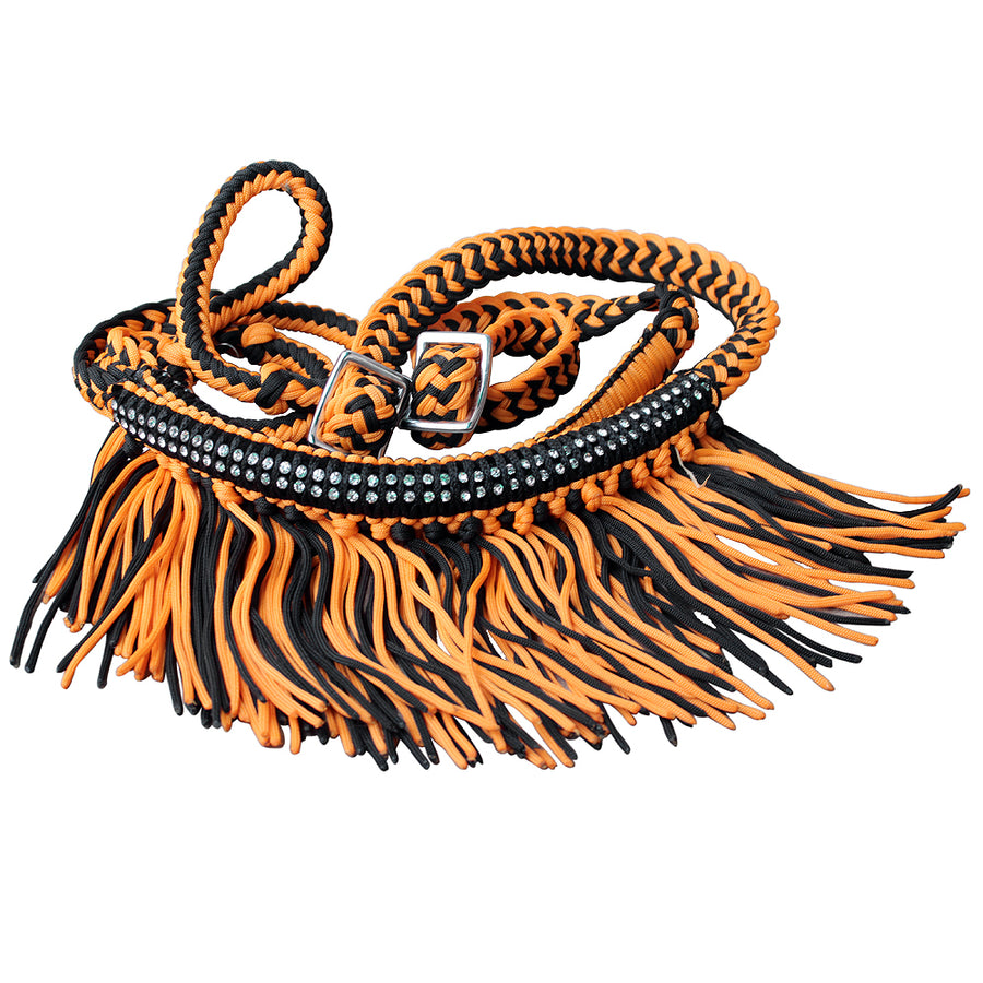Orange and black leather western halter with fringe and studs - Uhorse
