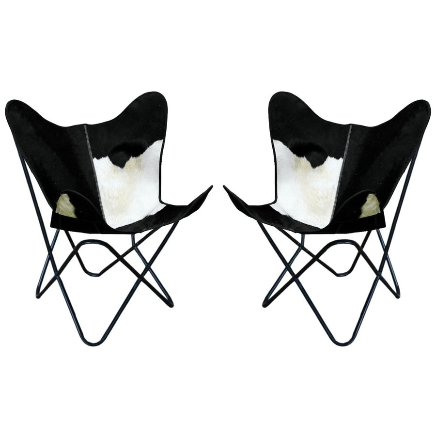 Pair of black and white cowhide butterfly chairs with metal frames - Uhorse