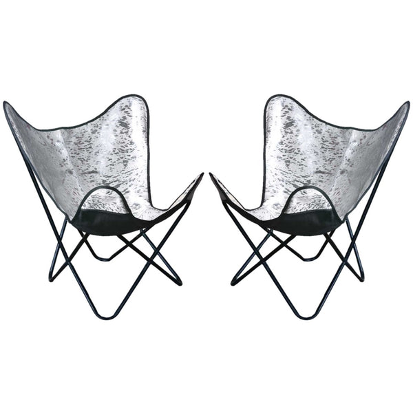 Butterfly chairs with silver cowhide seats and black metal frames - Uhorse
