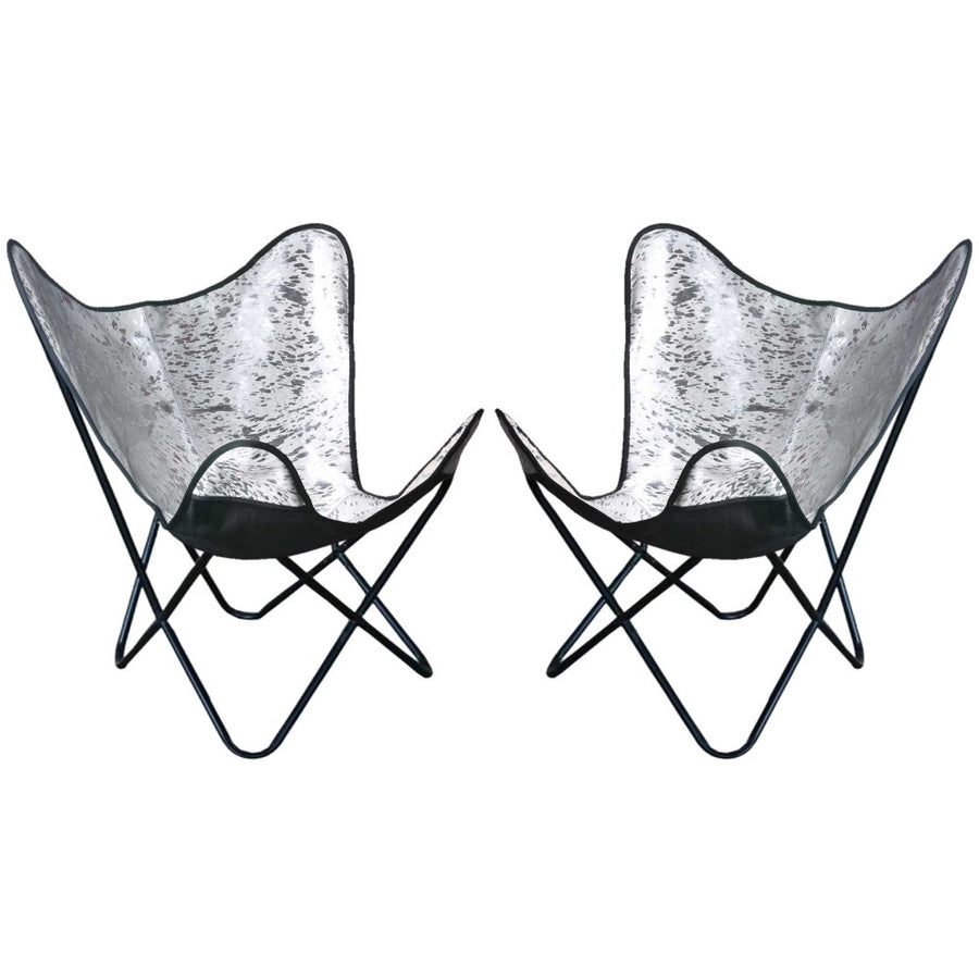 Butterfly chairs with silver cowhide seats and black metal frames - Uhorse