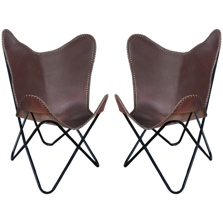 Pair of brown leather butterfly chairs with black metal frames - Uhorse
