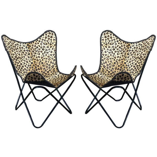 Pair of leopard print butterfly chairs with black metal frames - Uhorse