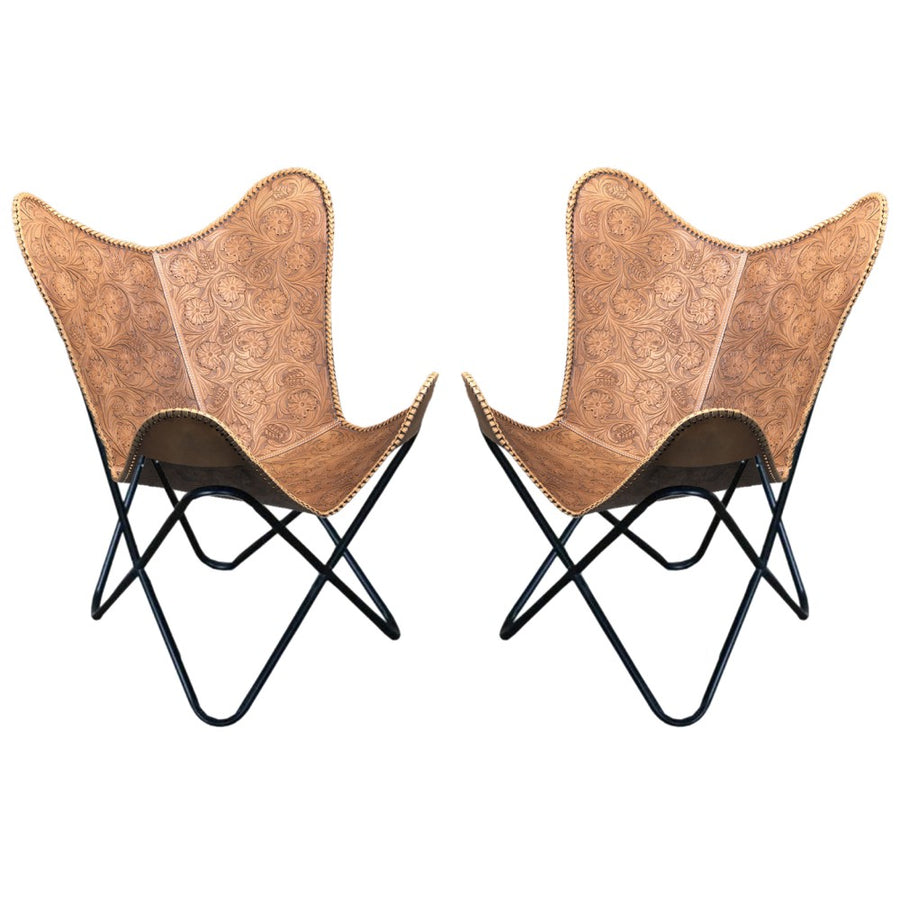 Pair of tan leather butterfly chairs with tooled design and black metal frames - Uhorse
