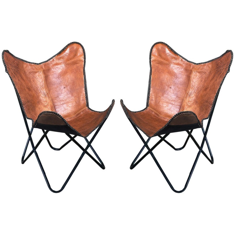 Pair of brown leather butterfly chairs with black metal frames - Uhorse