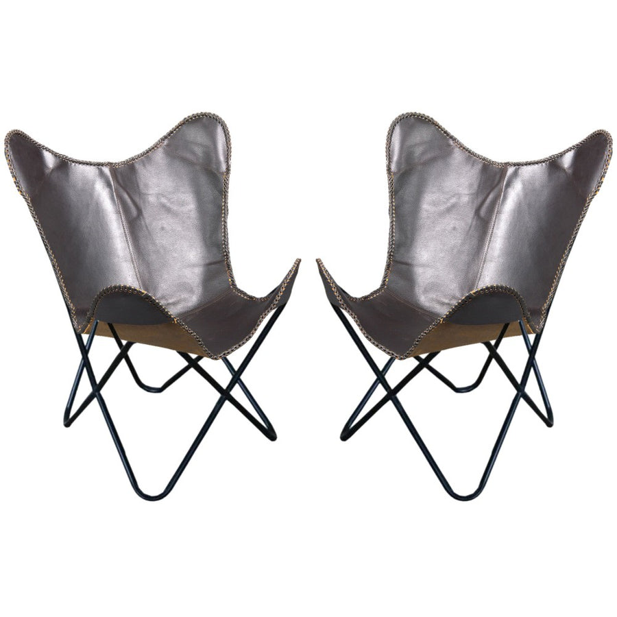 Pair of gray leather butterfly chairs with black metal frames - Uhorse