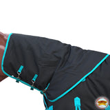 Black nylon horse blanket with turquoise trim and hardware - Uhorse