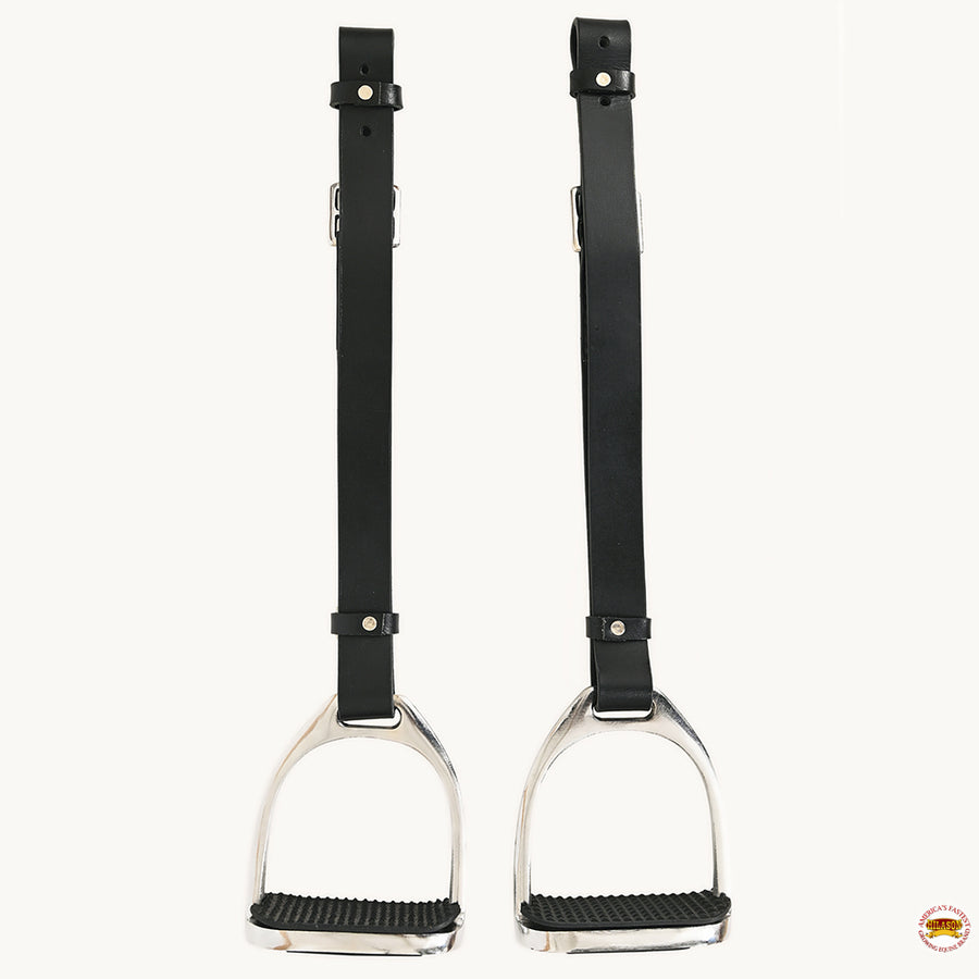 Horse Saddle Stirrups Hilason English Leather Pair Black W/ Hobble Strap