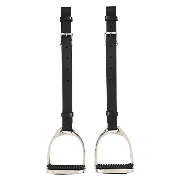 Horse Saddle Stirrups Hilason English Leather Pair Black with Hobble Strap - Uhorse