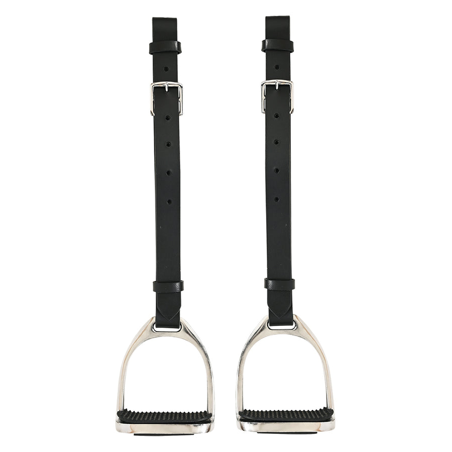 Horse Saddle Stirrups Hilason English Leather Pair Black with Hobble Strap - Uhorse