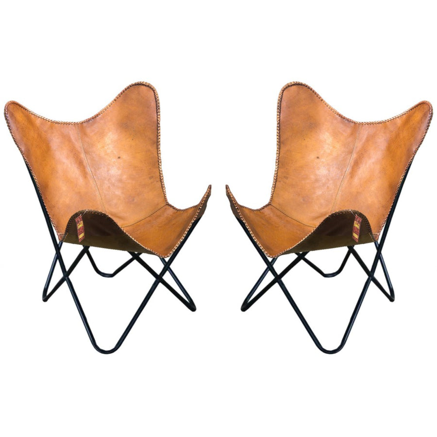 Tan leather butterfly chairs with black metal frames - Uhorse