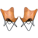 Pair Genuine Leather Butterfly Chair Folding Modern Sling Accent Seat