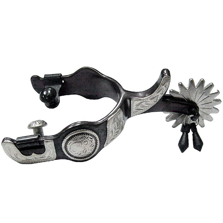 Metal western spur with engraved silver overlay and rowel - Uhorse
