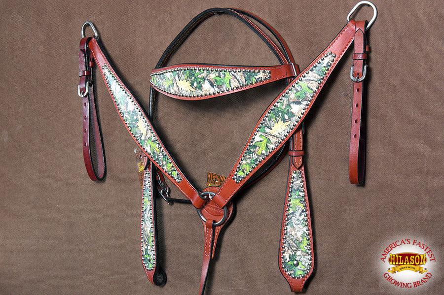Hilason Western Horse Breast Collar Headstall American Leather Camouflage Mahogany