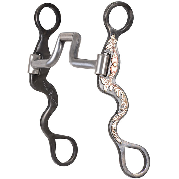 Metal horse bit with curved shanks and decorative inlay - Uhorse