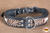 Hilason Heavy Duty Genuine Leather Dog Collar Floral Carving Dark Medium