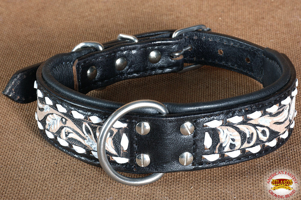 Hilason Heavy Duty Genuine Leather Dog Collar Floral Carving Black