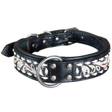 Hilason Heavy Duty Genuine Leather Dog Collar Floral Carving Black Small