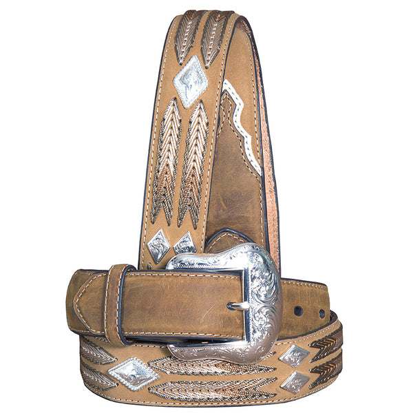 Nocona Leather men's Belt Lacing Design Silver Diamond Conchos Brown - Uhorse