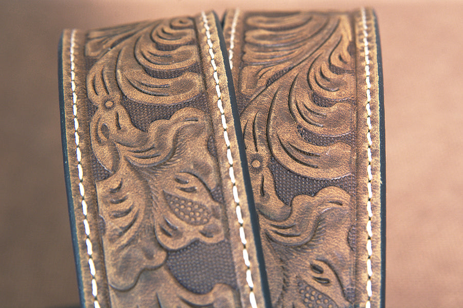 Nocona Leather Mens Belt Embossed Floral Tooled Engraved Buckle