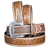Nocona Leather Mens Belt Basketweave Tooled 1-1/2 In Wide Ostrich Brown