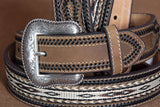 Nocona Leather Mens Belt Braided Horse Hair Lacing Brown Engraved Buckle