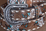 Nocona Leather Belt Western Overlay Flowers Painted Womens Brown