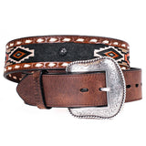 38" Roper Mens Leather Tribal Inspired 1.5" Wide Belt Aztec Whipstich Brown