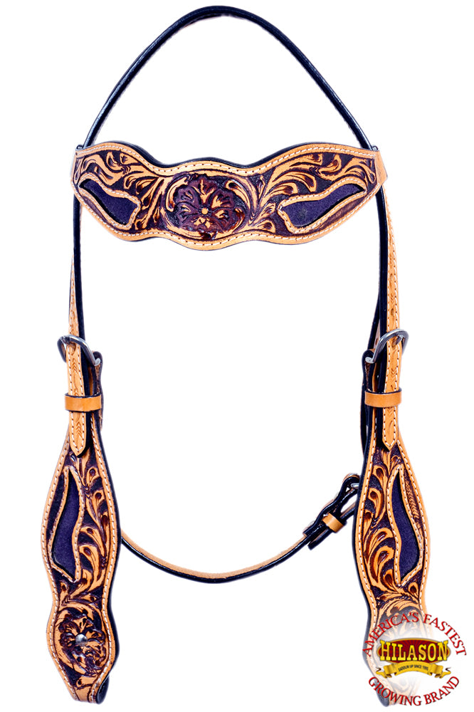 Hilason Western Horse Headstall Bridle American Leather Floral Tan Purple