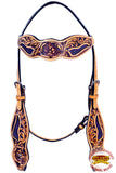 Hilason Western Horse Headstall Bridle American Leather Floral Tan Purple