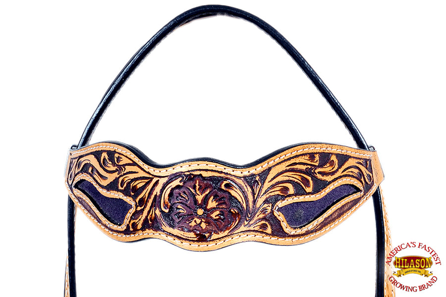 HILASON Western Horse Headstall Bridle American Leather Floral Tan Purple | for Horses Headstalls