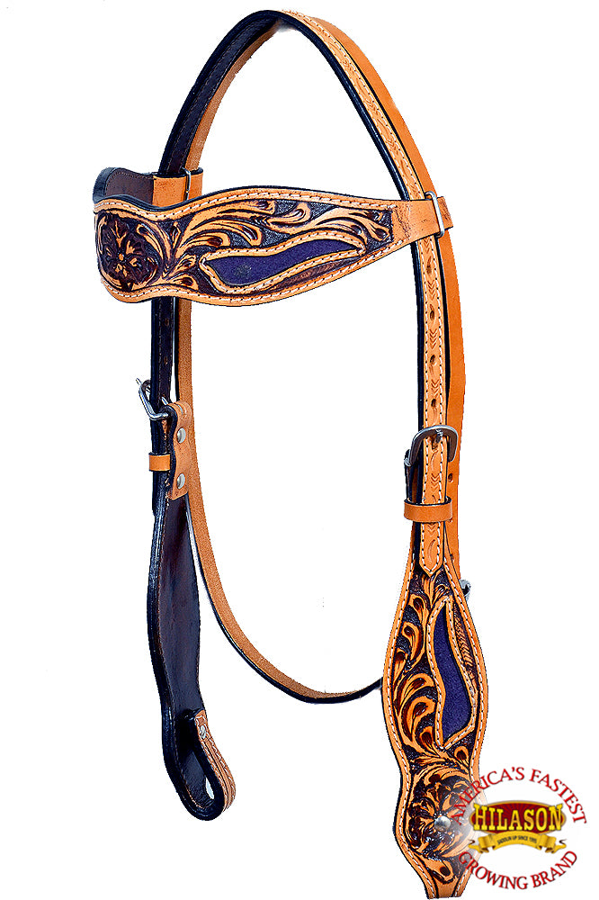 HILASON Western Horse Headstall Bridle American Leather Floral Tan Purple | for Horses Headstalls