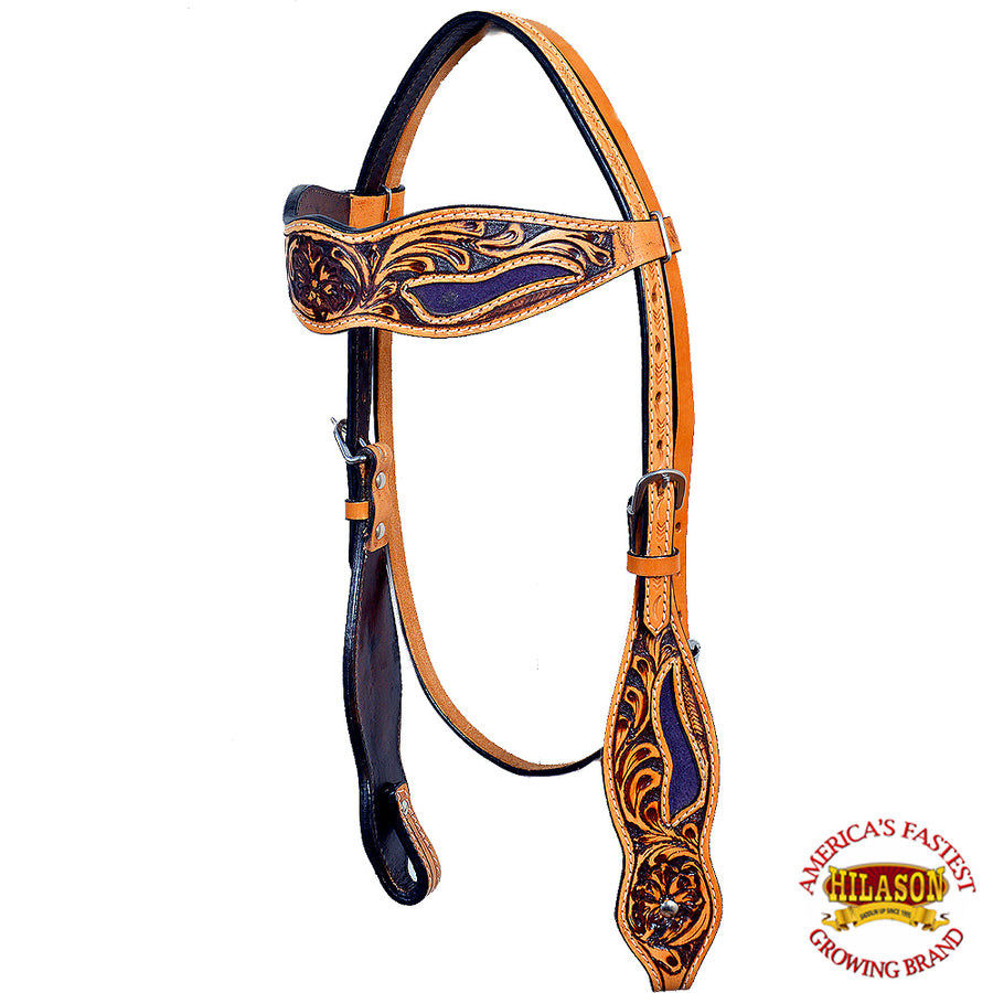 HILASON Western Horse Headstall Bridle American Leather Floral Tan Purple | for Horses Headstalls