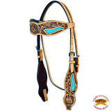 Hilason Western Horse Headstall American Leather Floral Tan Turquoise