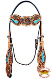 Hilason Western Horse Headstall American Leather Floral Tan Turquoise