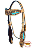 Hilason Western Horse Headstall American Leather Floral Tan Turquoise