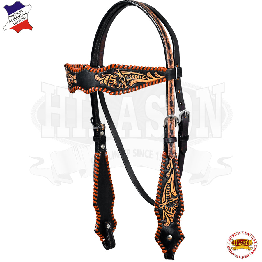 HILASON Western Horse Floral Fringes Headstall Genuine Leather Black - Uhorse