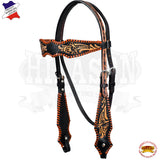 Hilason Western Horse Headstall American Leather Brown Floral Carving