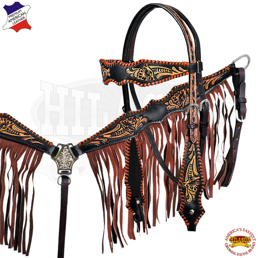 HILASON Western Horse Floral Fringes Headstall Breast Collar Set Genuine Leather Black - Uhorse