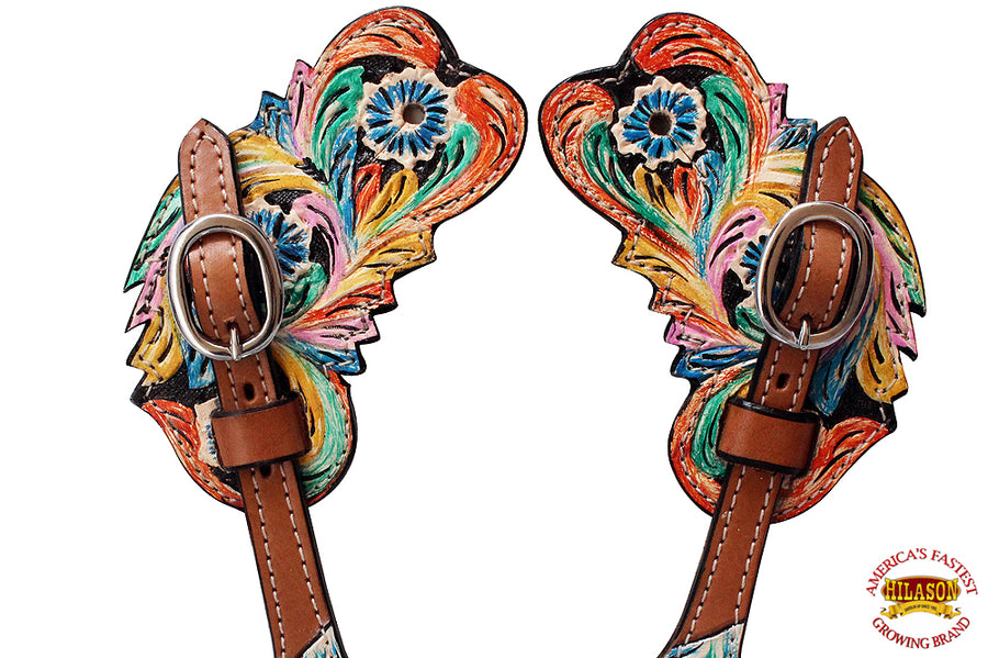 Hilason Western Spur Straps Leather Light Oil W/ Hand Paint Inlay