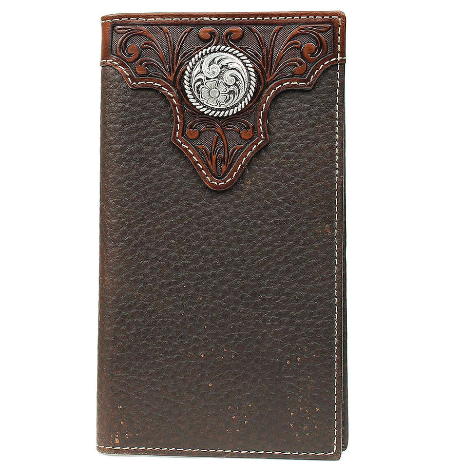 Ariat Rodeo Concho Tooled Overlay Top Grain Leather Wallet Brown – by Hilason – Cowboy and equestrian accessories