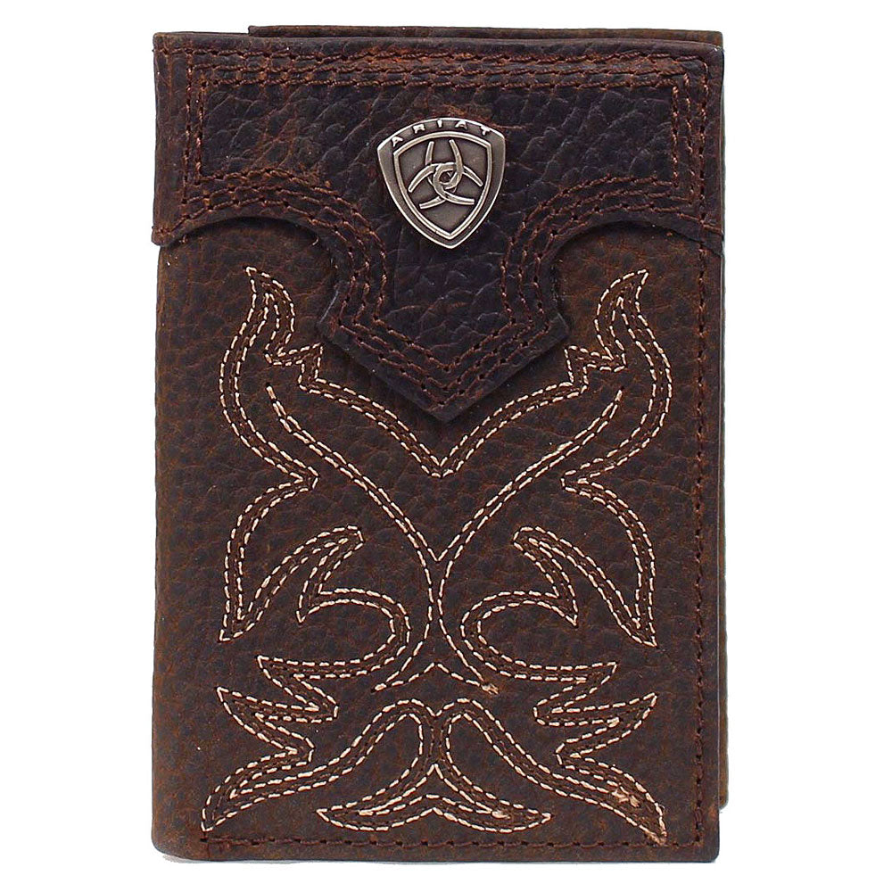 Ariat Tri Fold Shiled Concho Boot Stitched Top Grain Leather Wallet Medium Brown