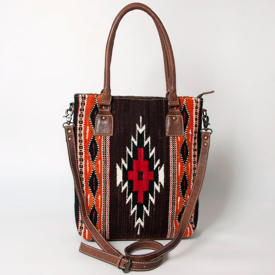 American Darling Saddle Blanket Tote Bag – Handwoven Wool Western Tote with Genuine Leather Handles & Spacious Interior