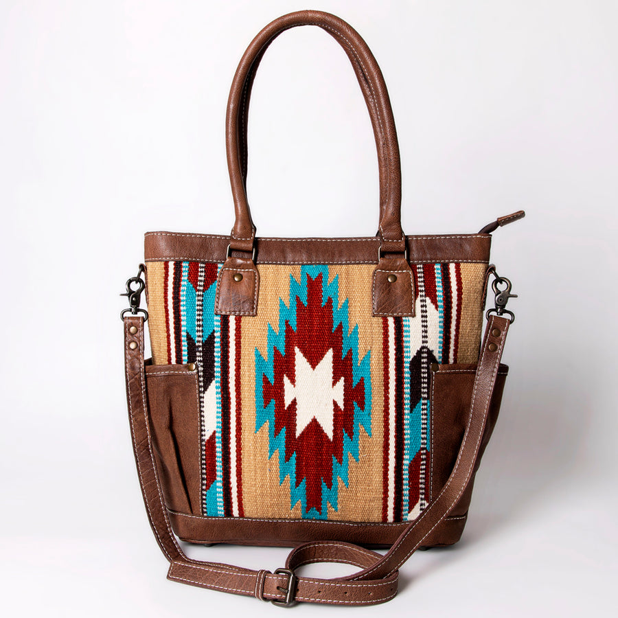 American Darling Western Tote Bag – Handwoven Saddle Blanket Genuine Leather Trim, Everyday Work or Travel Purse
