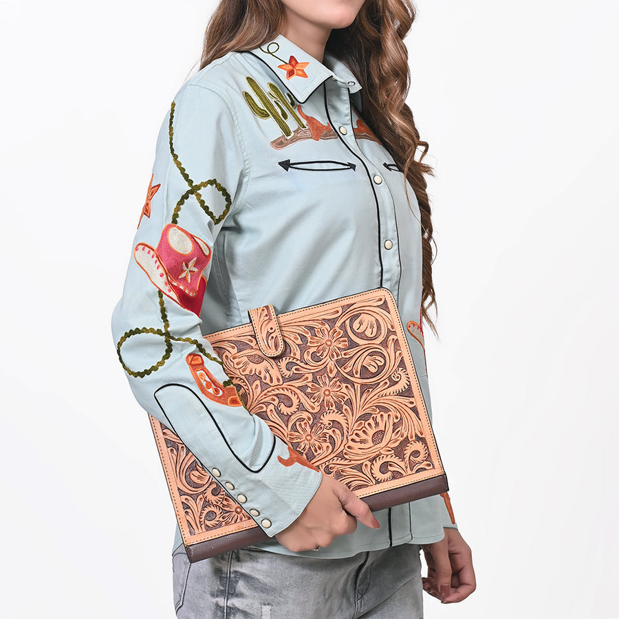American Darling Portfolio Bag Hand Tooled Crocodile Embossed Genuine Leather Western Women | Student for Sketches