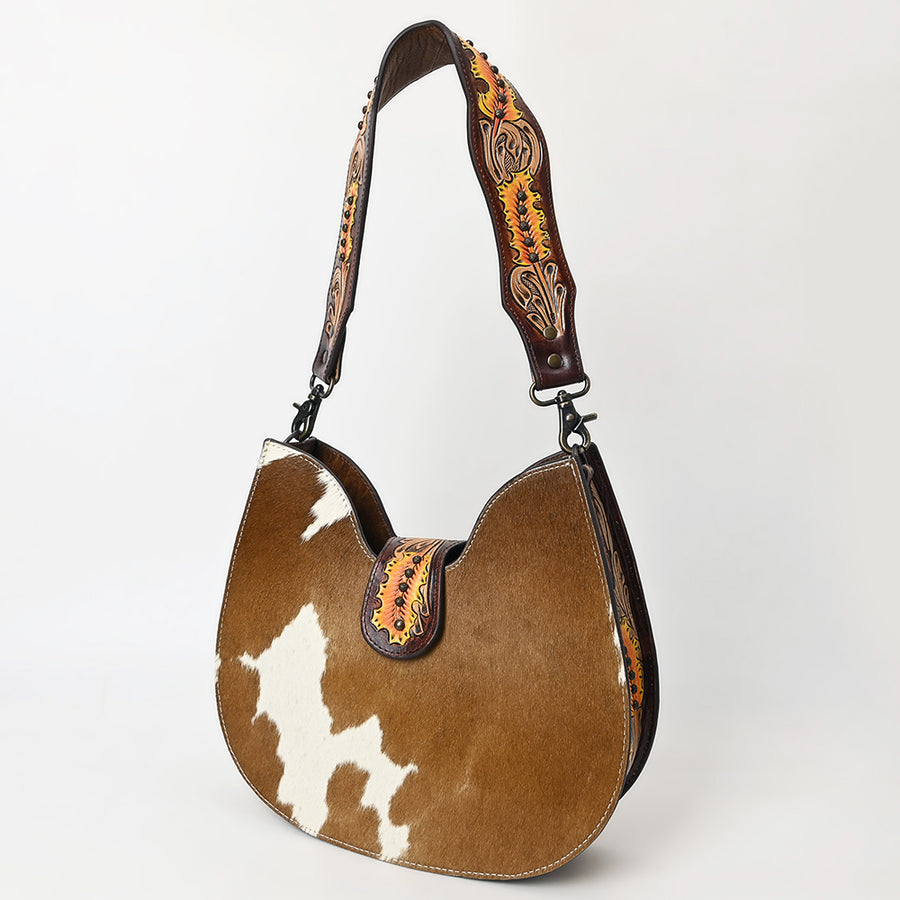 American Darling Western Hair-on Cowhide Hobo Bag – Genuine Leather Hand-Tooled Floral Design with Floral Accents and Wide Shoulder Strap
