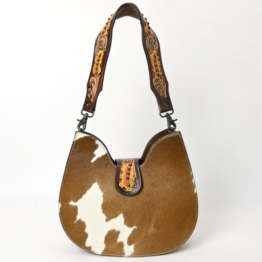 American Darling Western Hair-on Cowhide Hobo Bag – Genuine Leather Hand-Tooled Floral Design with Floral Accents and Wide Shoulder Strap