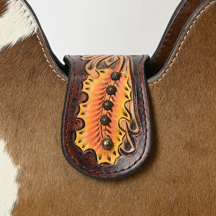 American Darling Western Hair-on Cowhide Hobo Bag – Genuine Leather Hand-Tooled Floral Design with Floral Accents and Wide Shoulder Strap